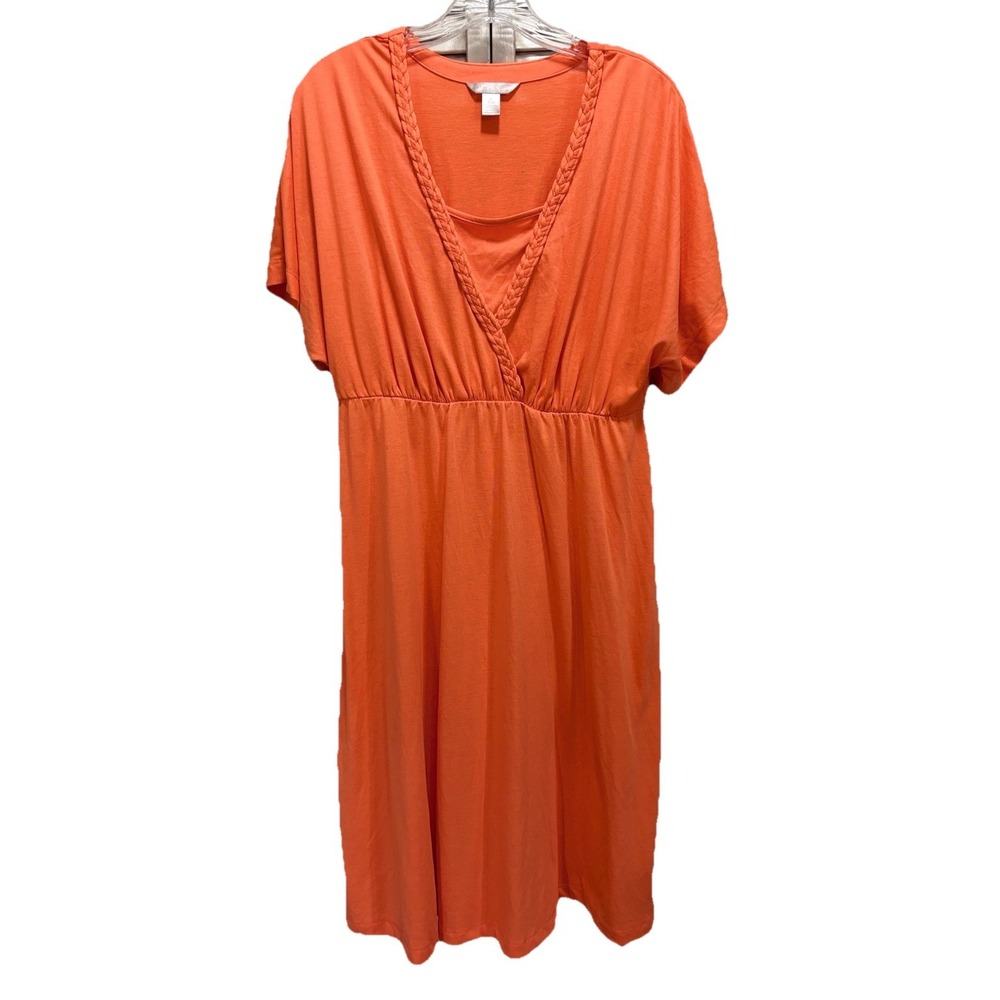 White Stag Orange Midi Dress Size M Short Sleeve‎ V Braided Neck Elastic Waist